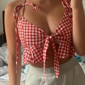 gingham picnic tie ruffle crop tank top